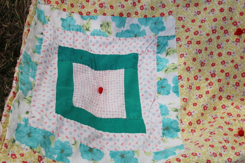 photo of 1950s vintage tied quilt, colorful cotton prints patchwork w/ floral backing fabric #7