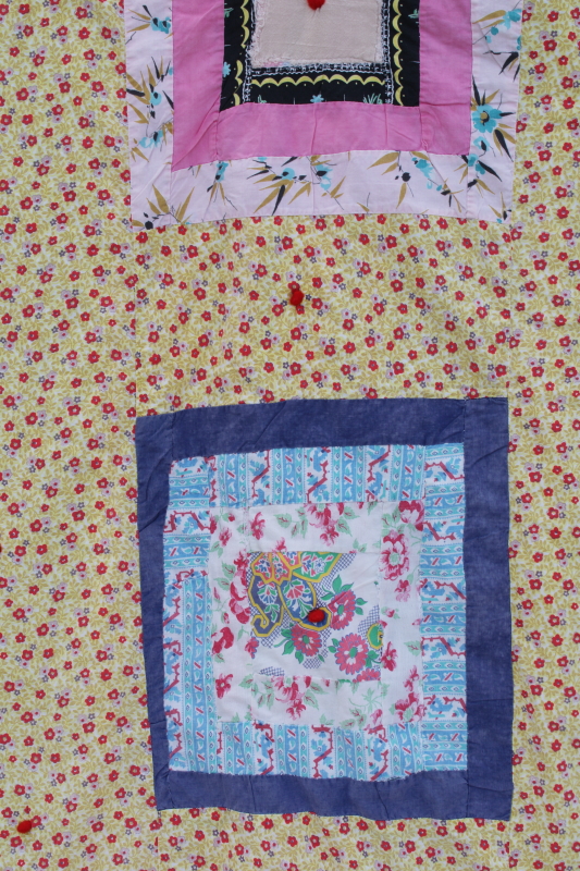 photo of 1950s vintage tied quilt, colorful cotton prints patchwork w/ floral backing fabric #8