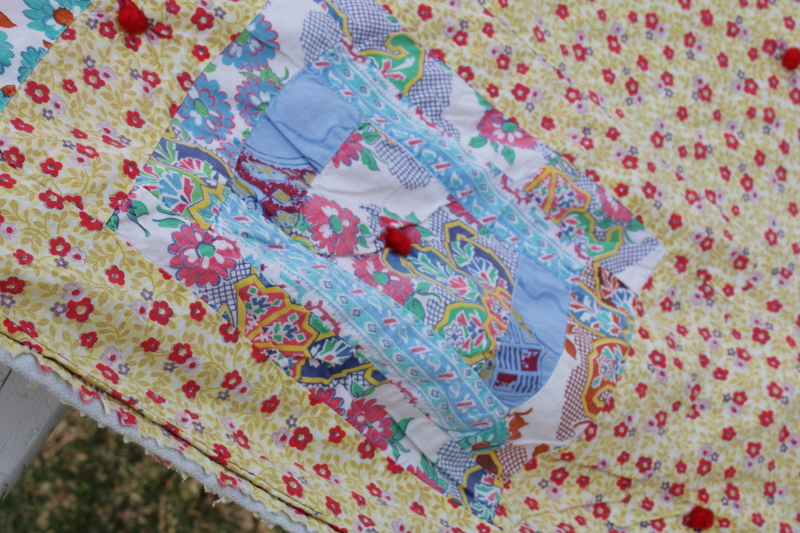 photo of 1950s vintage tied quilt, colorful cotton prints patchwork w/ floral backing fabric #9