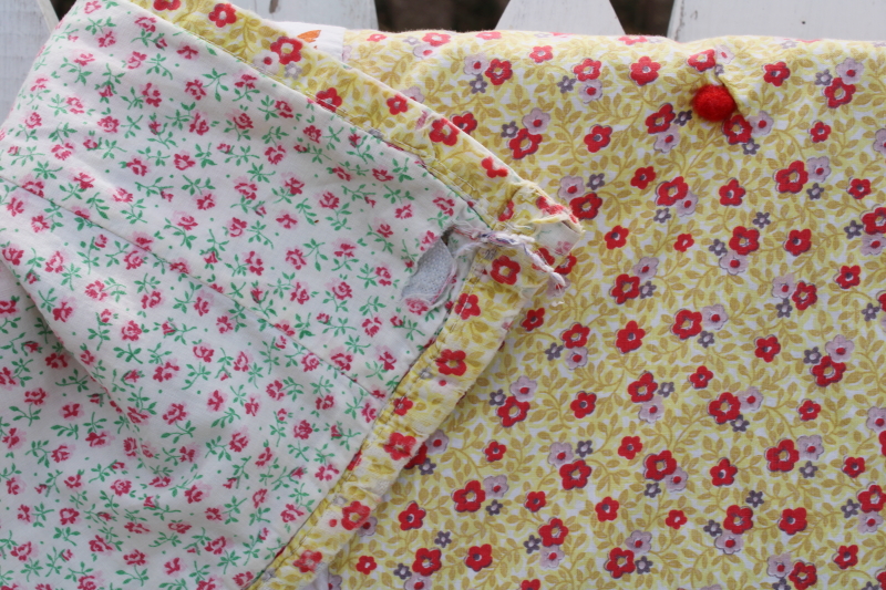 photo of 1950s vintage tied quilt, colorful cotton prints patchwork w/ floral backing fabric #10