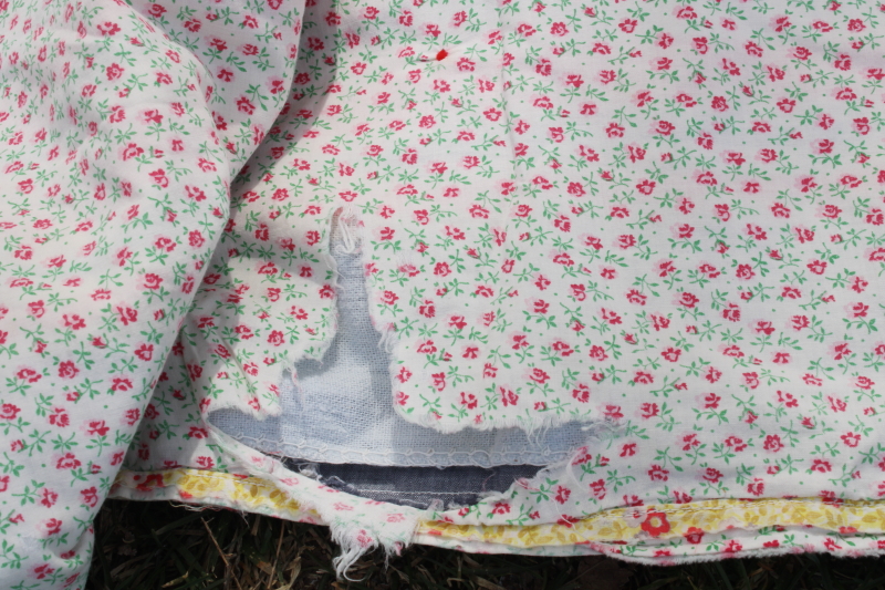 photo of 1950s vintage tied quilt, colorful cotton prints patchwork w/ floral backing fabric #11