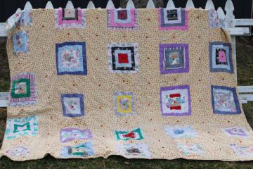 catalog photo of 1950s vintage tied quilt, colorful cotton prints patchwork w/ floral backing fabric