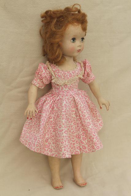 photo of 1950s vintage walking doll Ideal Saucy Walker in pink print cotton dress  #1