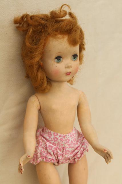 photo of 1950s vintage walking doll Ideal Saucy Walker in pink print cotton dress  #4