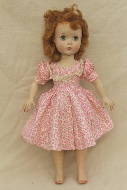 photo of 1950s vintage walking doll Ideal Saucy Walker in pink print cotton dress  #8