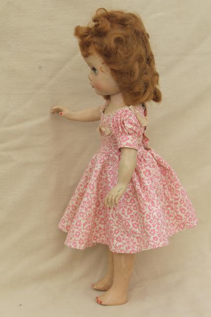 photo of 1950s vintage walking doll Ideal Saucy Walker in pink print cotton dress  #9