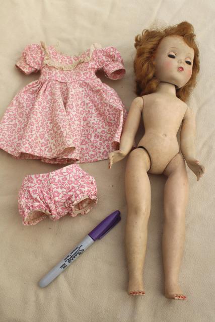 photo of 1950s vintage walking doll Ideal Saucy Walker in pink print cotton dress  #13