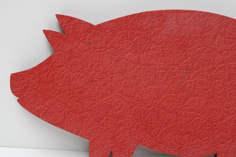 photo of 1950s vintage wood pig shaped charcuterie cutting boards, mod red cracked ice formica  #7