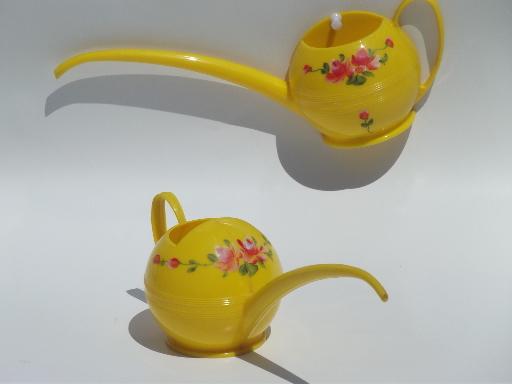 photo of 1950s watering can & kitchen wall pocket, kitschy pink roses yellow plastic #1