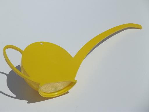 photo of 1950s watering can & kitchen wall pocket, kitschy pink roses yellow plastic #2