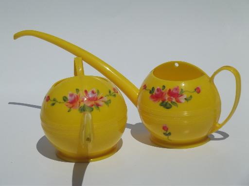 photo of 1950s watering can & kitchen wall pocket, kitschy pink roses yellow plastic #3