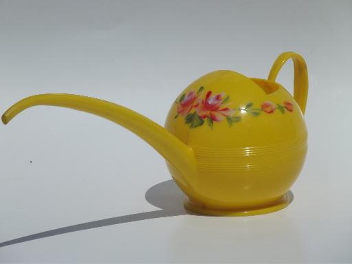 photo of 1950s watering can & kitchen wall pocket, kitschy pink roses yellow plastic #4