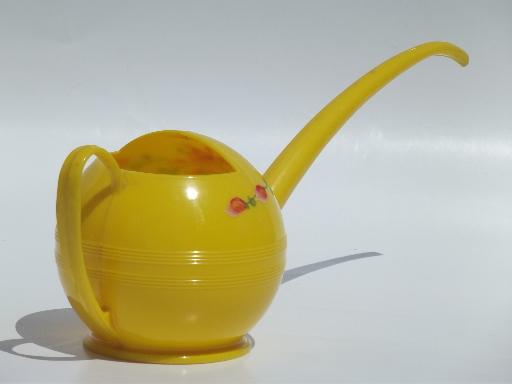 photo of 1950s watering can & kitchen wall pocket, kitschy pink roses yellow plastic #5