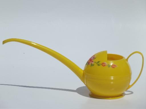 photo of 1950s watering can & kitchen wall pocket, kitschy pink roses yellow plastic #6