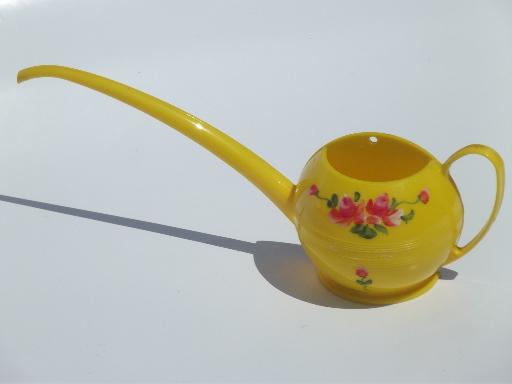 photo of 1950s watering can & kitchen wall pocket, kitschy pink roses yellow plastic #9