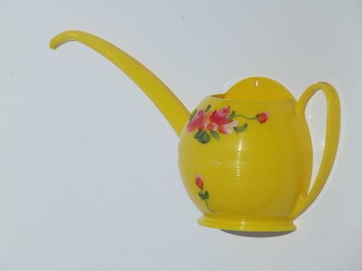 photo of 1950s watering can & kitchen wall pocket, kitschy pink roses yellow plastic #11