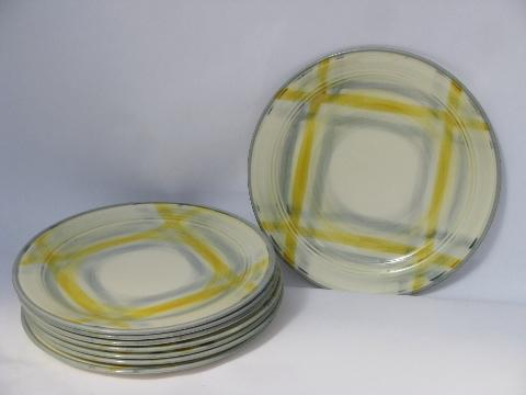 photo of 1950s yellow / grey plaid dishes, vintage Vernonware Tweed, 8 salad plates #1