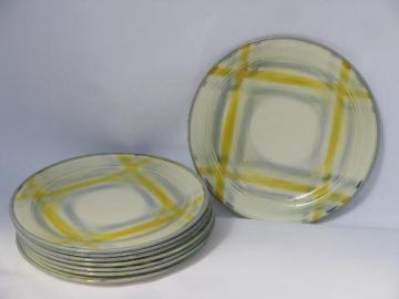 catalog photo of 1950s yellow / grey plaid dishes, vintage Vernonware Tweed, 8 salad plates