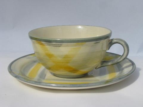 photo of 1950s yellow / grey plaid dishes, vintage Vernonware Tweed, cups and saucers #2