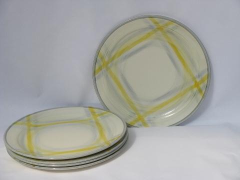 photo of 1950s yellow / grey plaid dishes, vintage Vernonware Tweed dinner plates #1