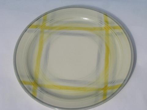 photo of 1950s yellow / grey plaid dishes, vintage Vernonware Tweed dinner plates #2