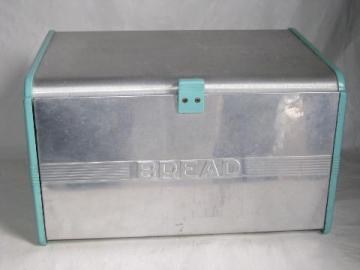 catalog photo of 1950s-60s vintage aqua plastic & aluminum bread box, retro Kromex style