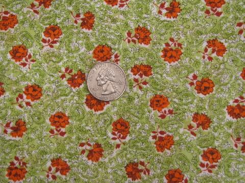 photo of 1950s-60s vintage cotton fabric, orange roses on lime green tiny print #1