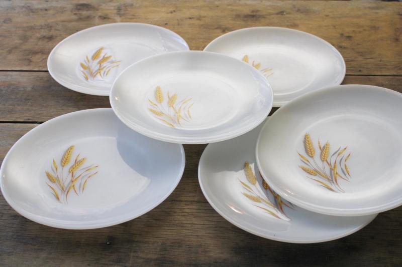 photo of 1960s vintage Anchor Hocking Fire King wheat pattern milk glass dinner plates #2