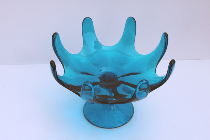 photo of 1960s vintage Viking glass bluenique aqua blue 8 petal pedestal bowl, MCM modern art glass  #1