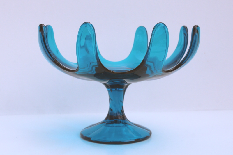 photo of 1960s vintage Viking glass bluenique aqua blue 8 petal pedestal bowl, MCM modern art glass  #2