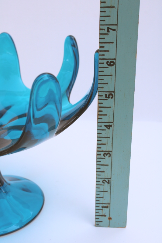 photo of 1960s vintage Viking glass bluenique aqua blue 8 petal pedestal bowl, MCM modern art glass  #6