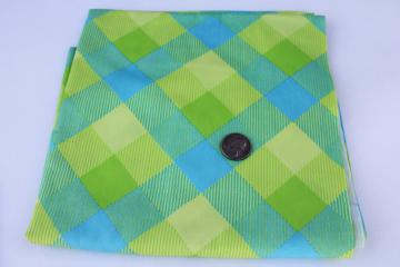 catalog photo of 1960s vintage cotton fabric, retro lime green & aqua plaid print preppy mod!