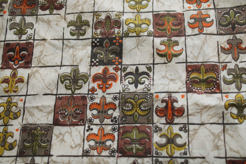 photo of 1960s vintage fabric, French chic fleur de lis print in sophisticated colors burnt orange & olive green  #2