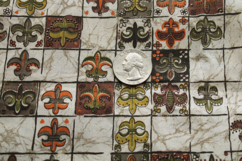 photo of 1960s vintage fabric, French chic fleur de lis print in sophisticated colors burnt orange & olive green  #3