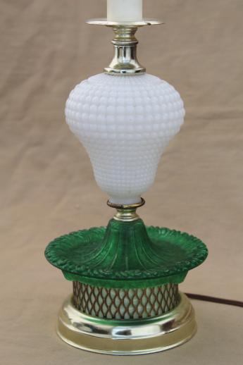 photo of 1960s vintage glass lamp, milk glass table lamp w/ green colored glass base #1
