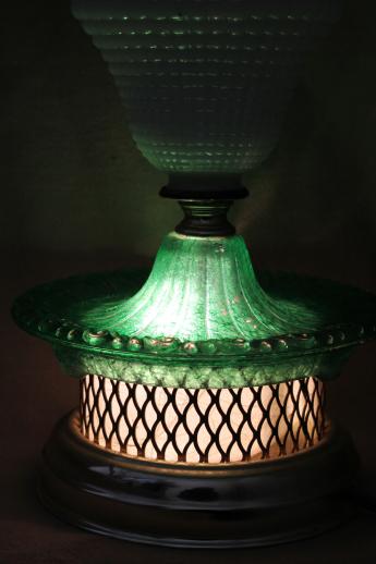 photo of 1960s vintage glass lamp, milk glass table lamp w/ green colored glass base #2