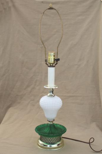 photo of 1960s vintage glass lamp, milk glass table lamp w/ green colored glass base #3