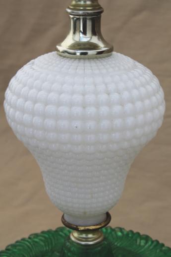 photo of 1960s vintage glass lamp, milk glass table lamp w/ green colored glass base #6