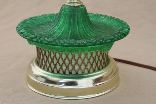 photo of 1960s vintage glass lamp, milk glass table lamp w/ green colored glass base #7