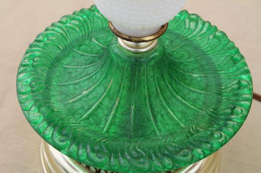 photo of 1960s vintage glass lamp, milk glass table lamp w/ green colored glass base #8