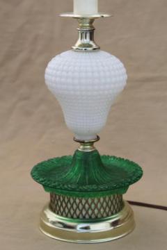 catalog photo of 1960s vintage glass lamp, milk glass table lamp w/ green colored glass base