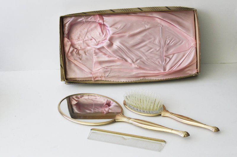 photo of 1960s vintage vanity set, gold metal brush, comb, mirror in satin lined box #3