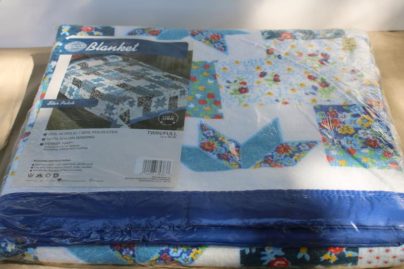photo of 1970s vintage Beacon blanket mint in package, patchwork quilt print #1