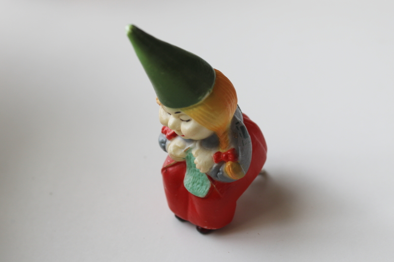 photo of 1970s vintage Book of Gnomes gnome lady ornament w/ metal spring clip, knitting girl gnome w/ blonde braids  #1
