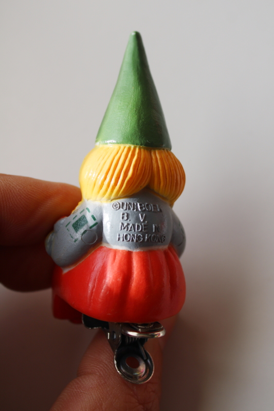 photo of 1970s vintage Book of Gnomes gnome lady ornament w/ metal spring clip, knitting girl gnome w/ blonde braids #4