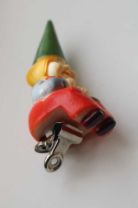 photo of 1970s vintage Book of Gnomes gnome lady ornament w/ metal spring clip, knitting girl gnome w/ blonde braids #5