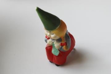 1970s vintage Book of Gnomes gnome lady ornament w/ metal spring clip, knitting girl gnome w/ blonde braids 