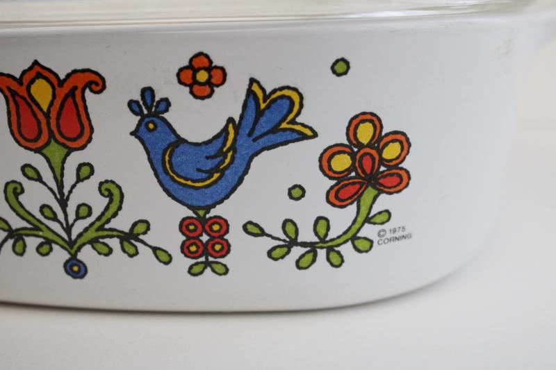 photo of 1970s vintage Corningware casserole folk art blue bird, Country Festival or Friendship #2
