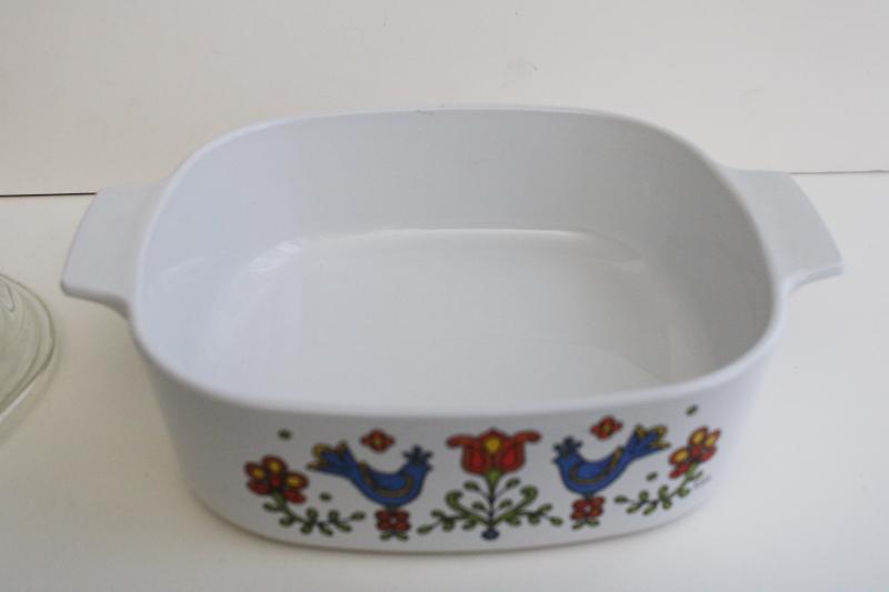 photo of 1970s vintage Corningware casserole folk art blue bird, Country Festival or Friendship #3