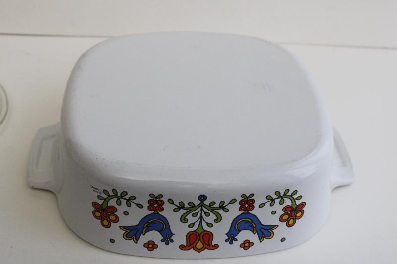 photo of 1970s vintage Corningware casserole folk art blue bird, Country Festival or Friendship #5